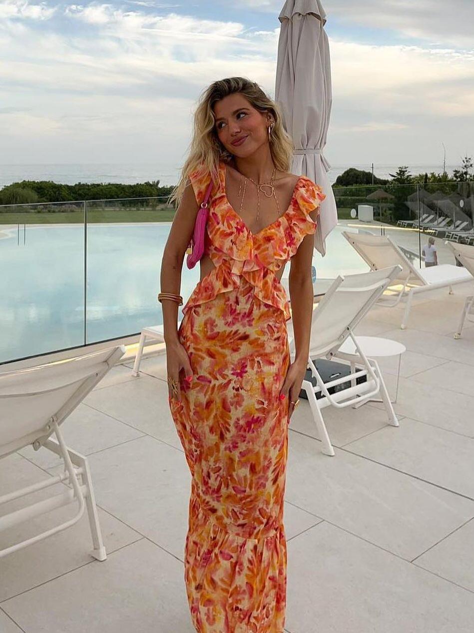 Orange Ruffle Hollow Out Cutout Frill Maxi Dress
