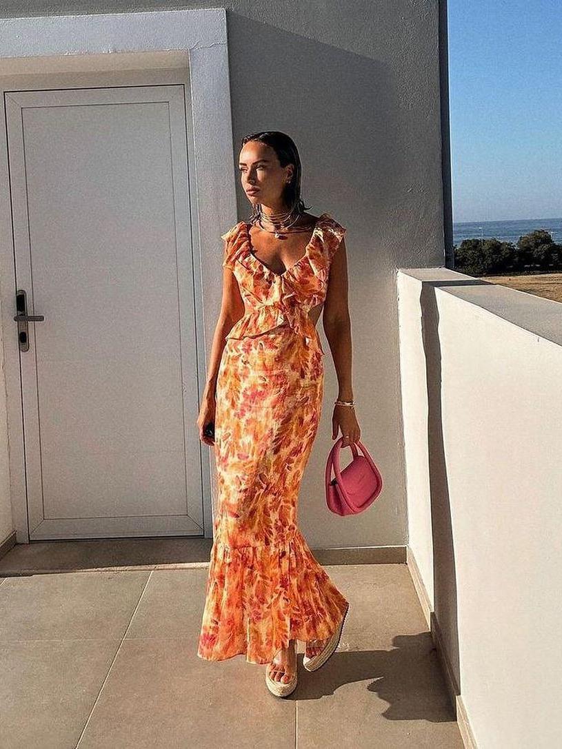 Orange Ruffle Hollow Out Cutout Frill Maxi Dress