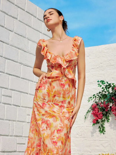 Orange Ruffle Hollow Out Cutout Frill Maxi Dress