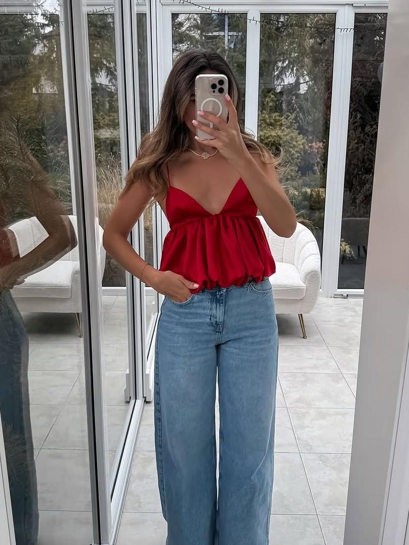 Ruffle Spaghetti Strap V Neck Cami Top