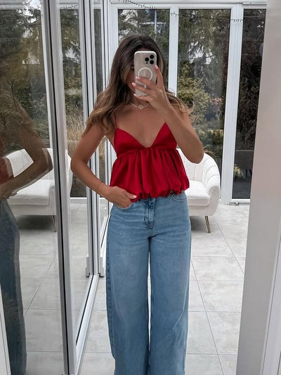 Ruffle Spaghetti Strap V Neck Cami Top