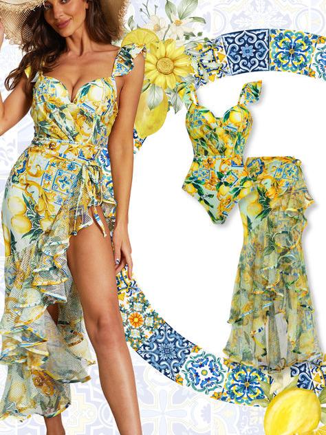 Ruffle Printed Three Peice Bikini Swimsuit Set