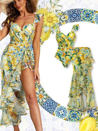 Ruffle Printed Three Peice Bikini Swimsuit Set