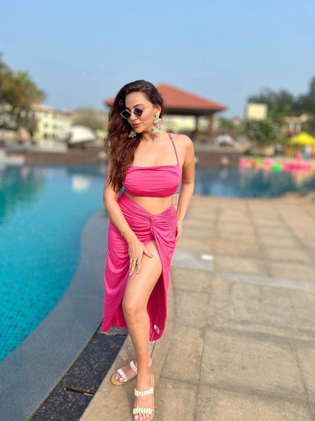 Ruched Spaghetti Strap Crop Top & High Slit Skirt Coord Set