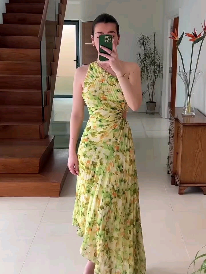Floral Print One Shoulder Pleated Dress