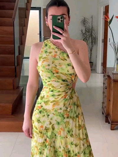 Floral Print One Shoulder Pleated Dress