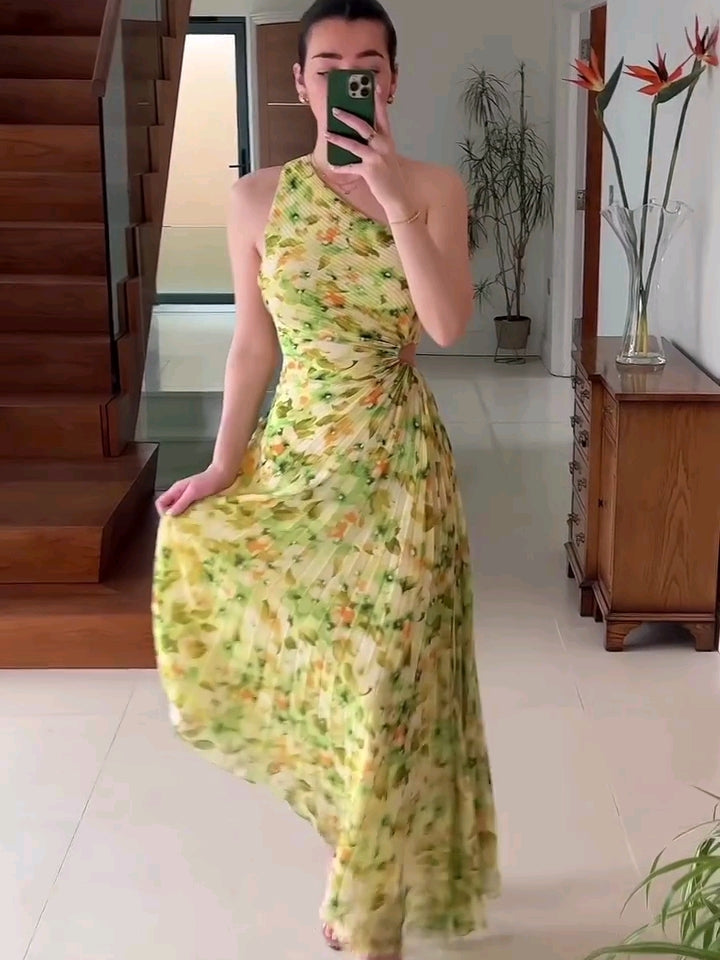 Floral Print One Shoulder Pleated Dress
