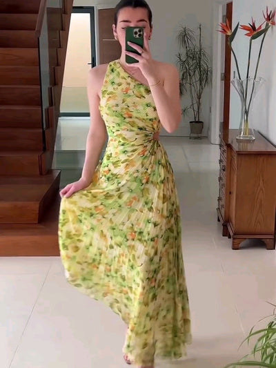 Floral Print One Shoulder Pleated Dress