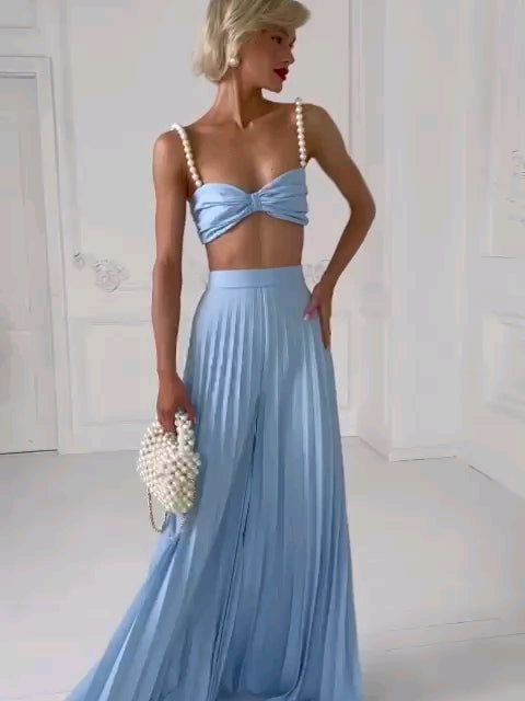 Pearl Koticim Bralette with Cape & Pants 3 Piece Set-Blue