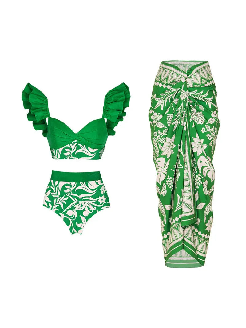3 Piece Floral Print Ruffle Swimsuit Set with Sarong