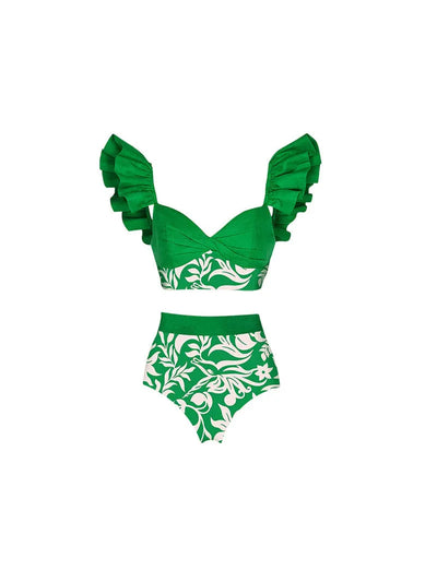 3 Piece Floral Print Ruffle Swimsuit Set with Sarong