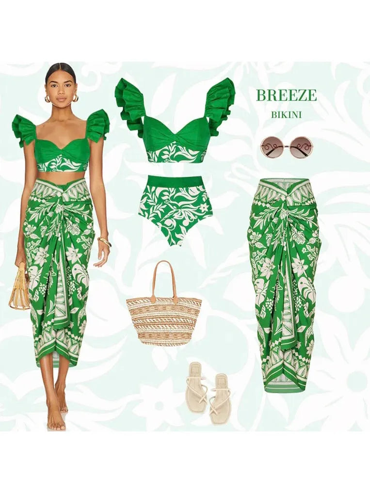 3 Piece Floral Print Ruffle Swimsuit Set with Sarong