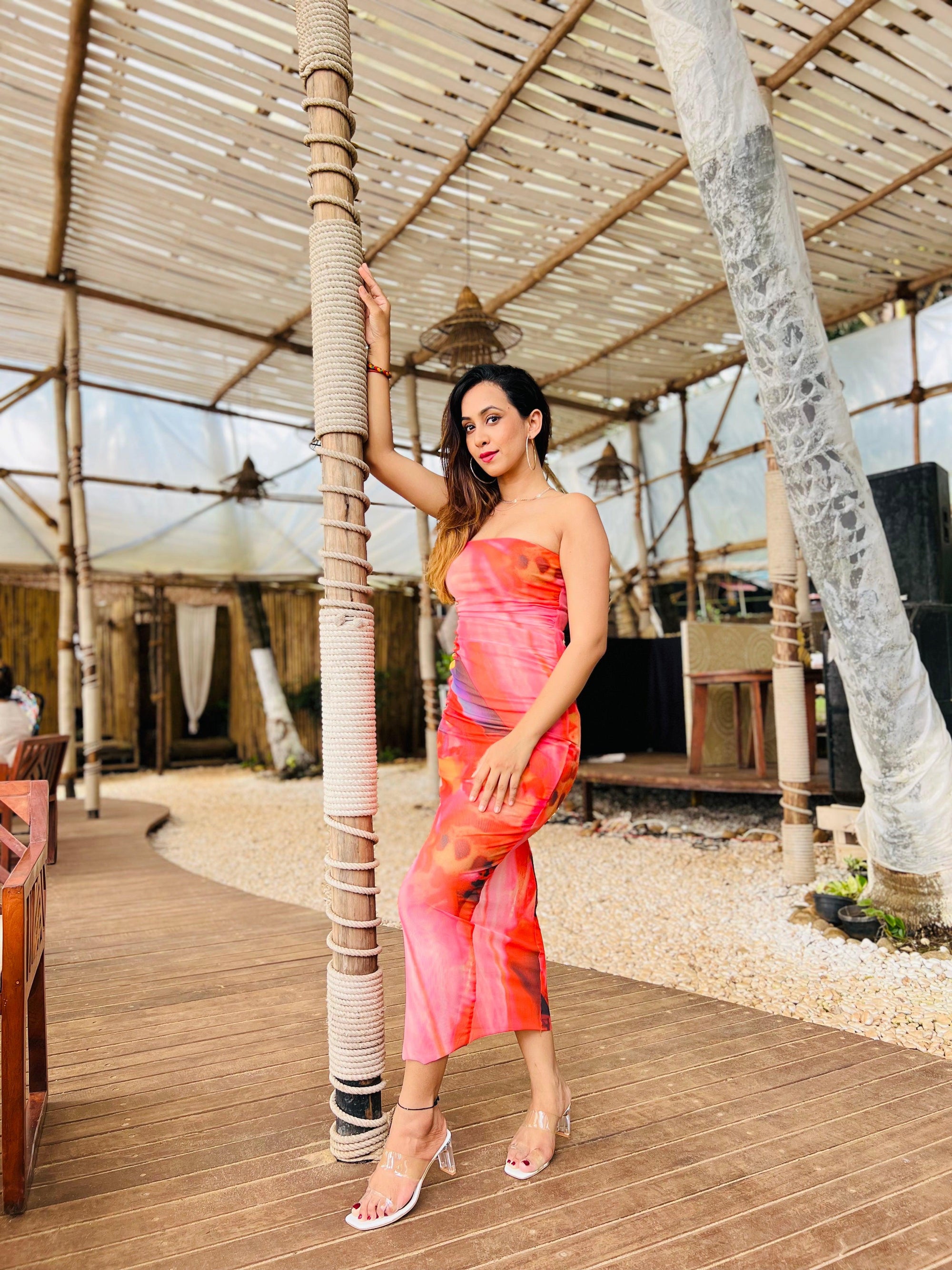 Orange Tie Dye Tulle Tube Dress