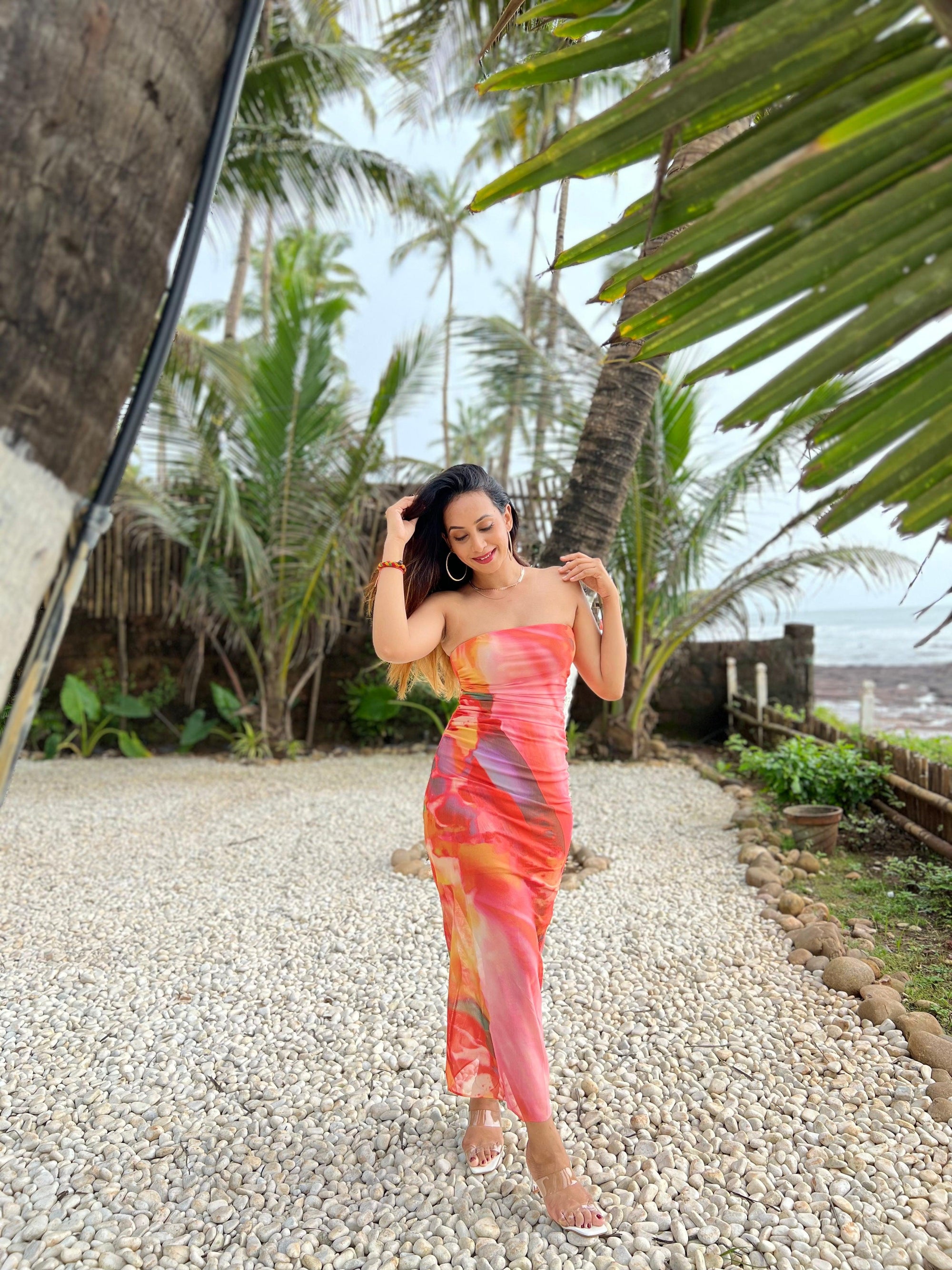 Orange Tie Dye Tulle Tube Dress