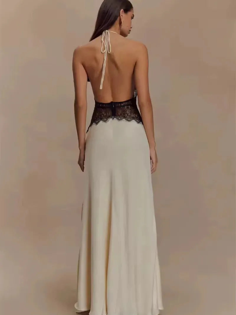 Noir Lace Inset Evening Corset Satin Gown Maxi Dress