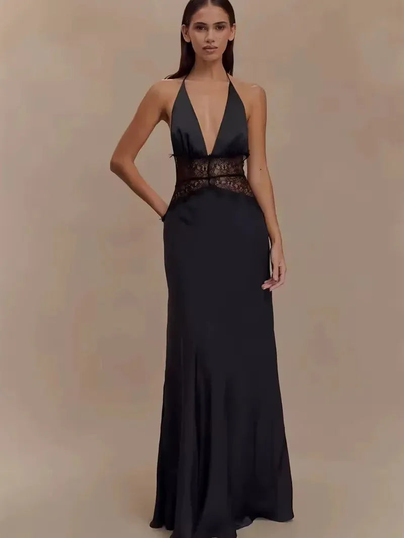 Noir Lace Inset Evening Corset Satin Gown Maxi Dress