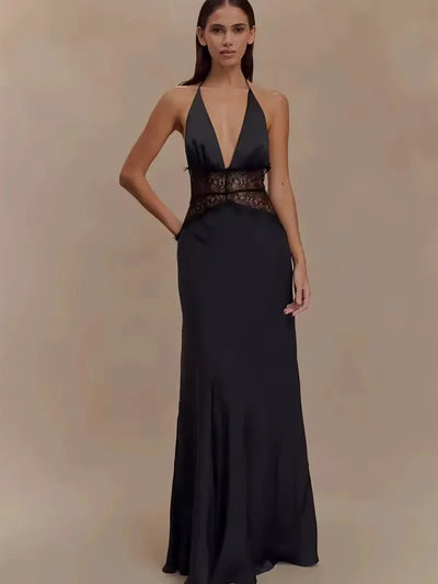 Noir Lace Inset Evening Corset Satin Gown Maxi Dress