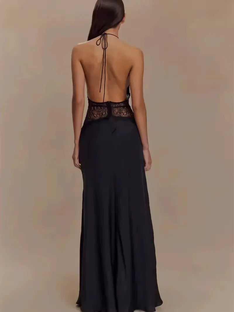 Noir Lace Inset Evening Corset Satin Gown Maxi Dress