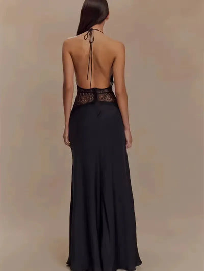 Noir Lace Inset Evening Corset Satin Gown Maxi Dress