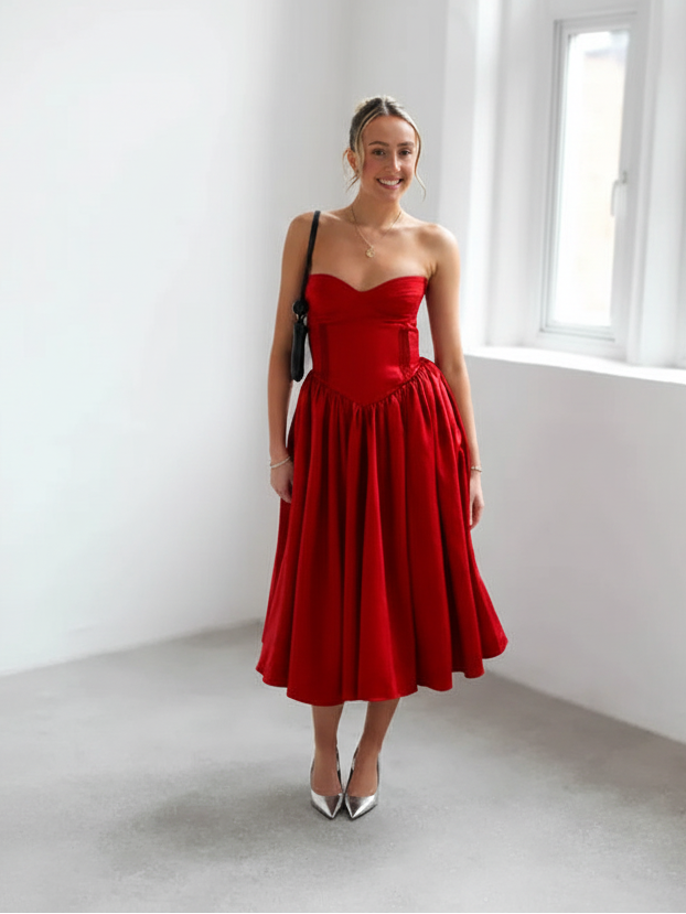 Strapless sweetheart neck tube tulle dress by Exclusives, red, on sale