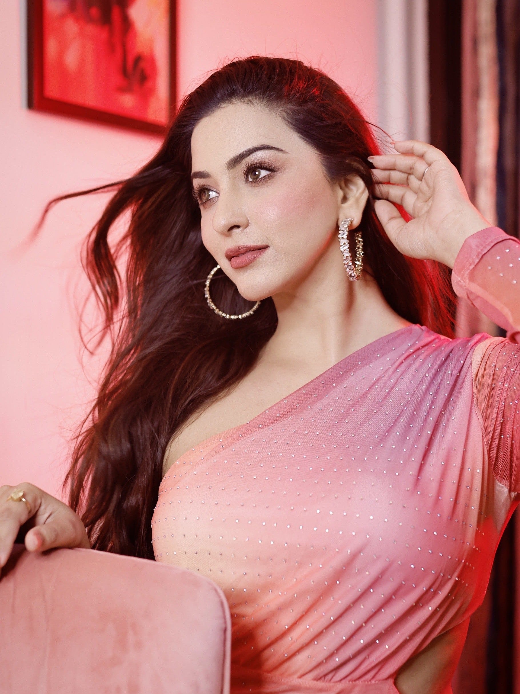 One Shoulder Rhinestone Mesh Tulle Cutout Slit Dress