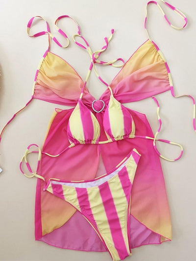 Halterneck Applique 3 Piece Bikini Swimsuit Set