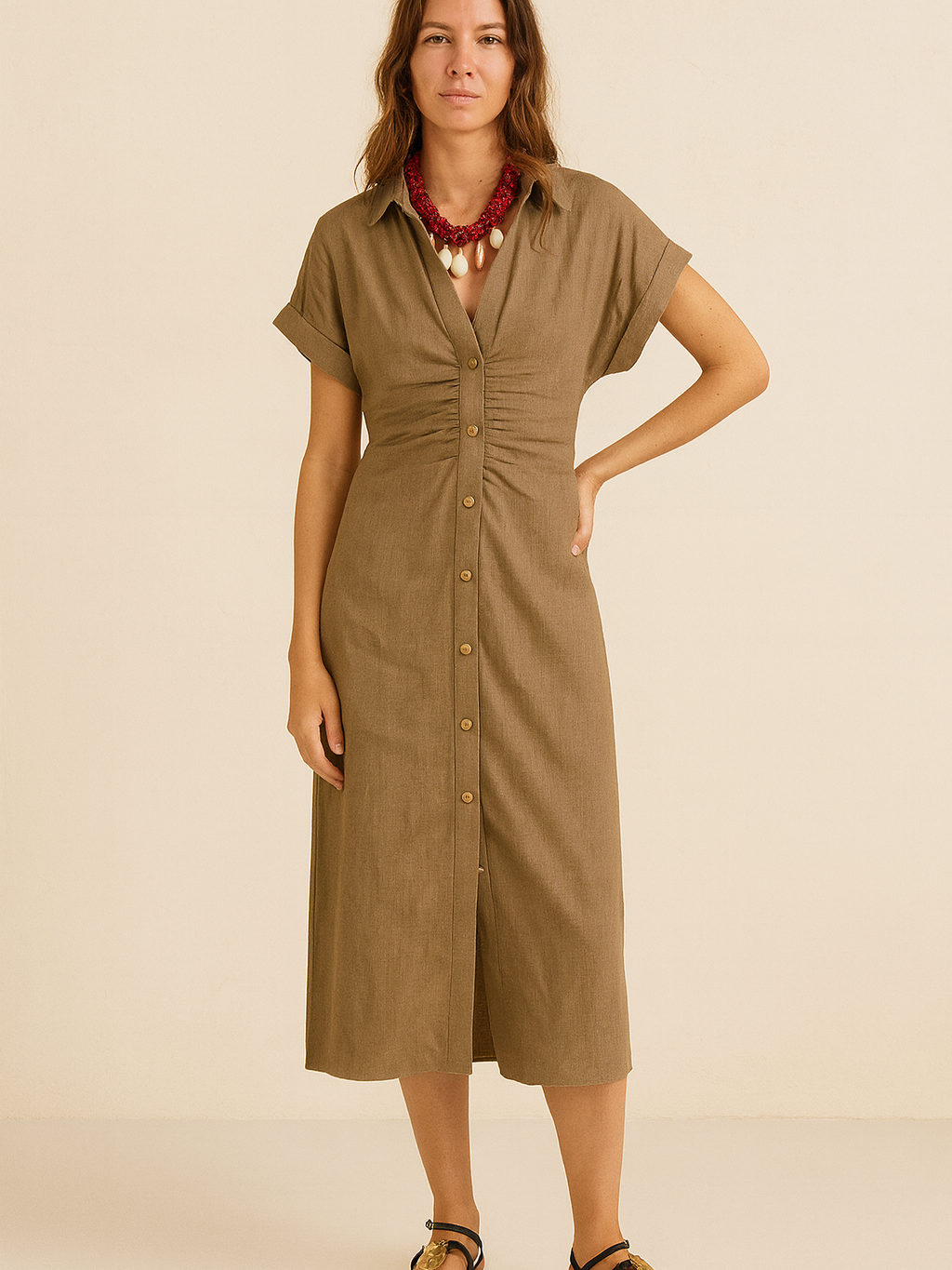 Linen Short Sleeves Button-up Shirt Dress