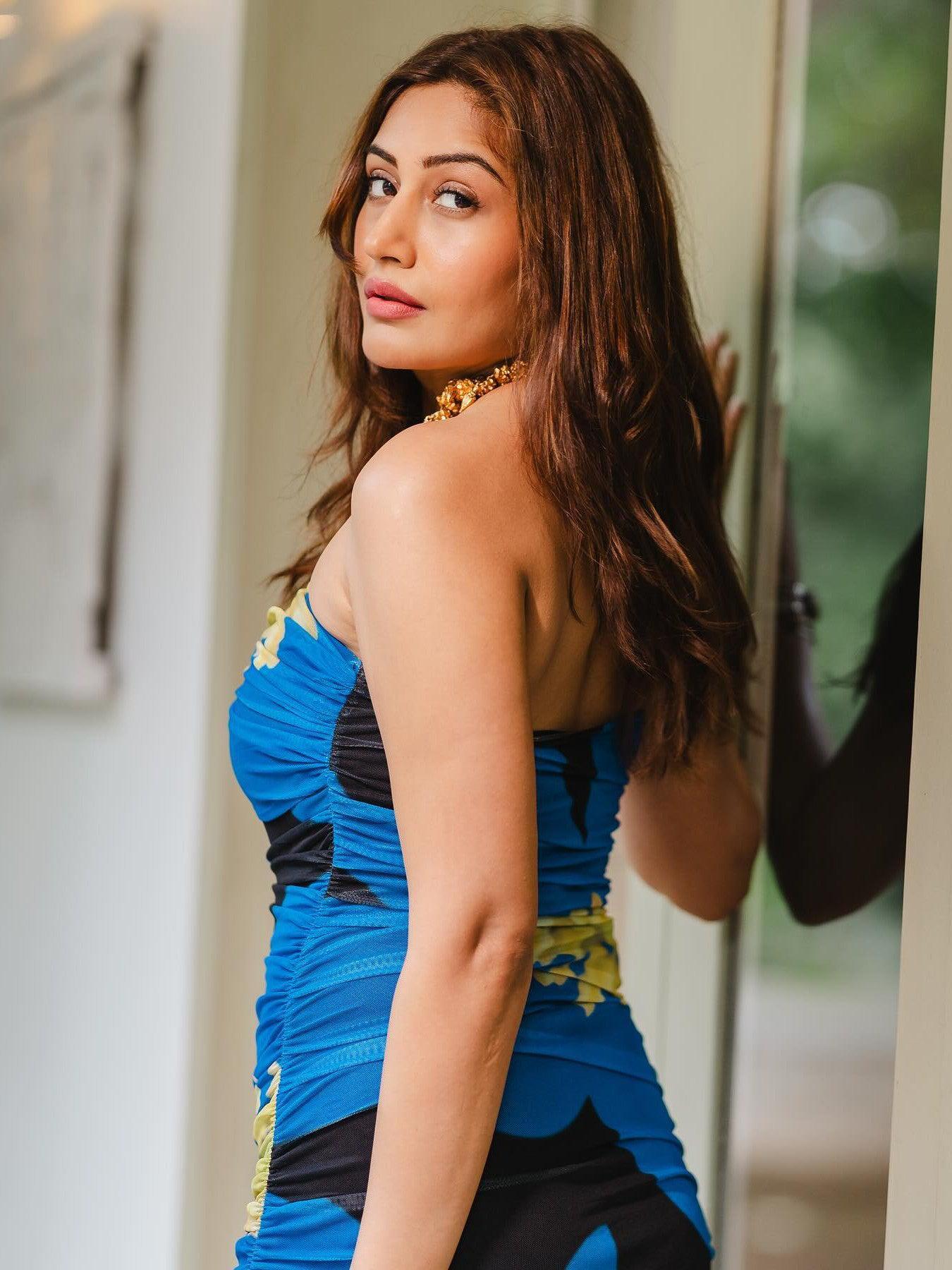 Floral Print Tube Strapless Mesh Tulle Dress