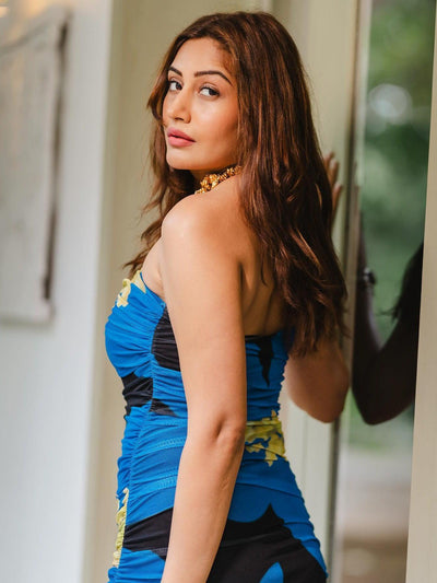 Floral Print Tube Strapless Mesh Tulle Dress