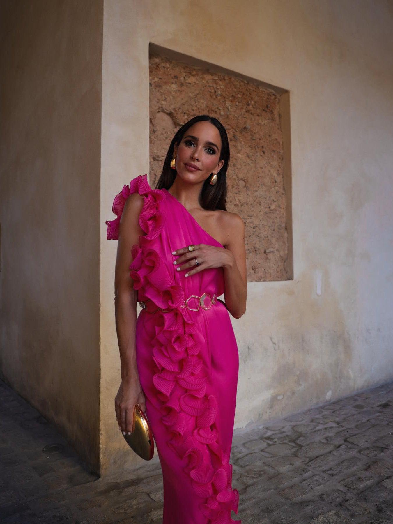 One Shoulder Ruffles Pink Dress