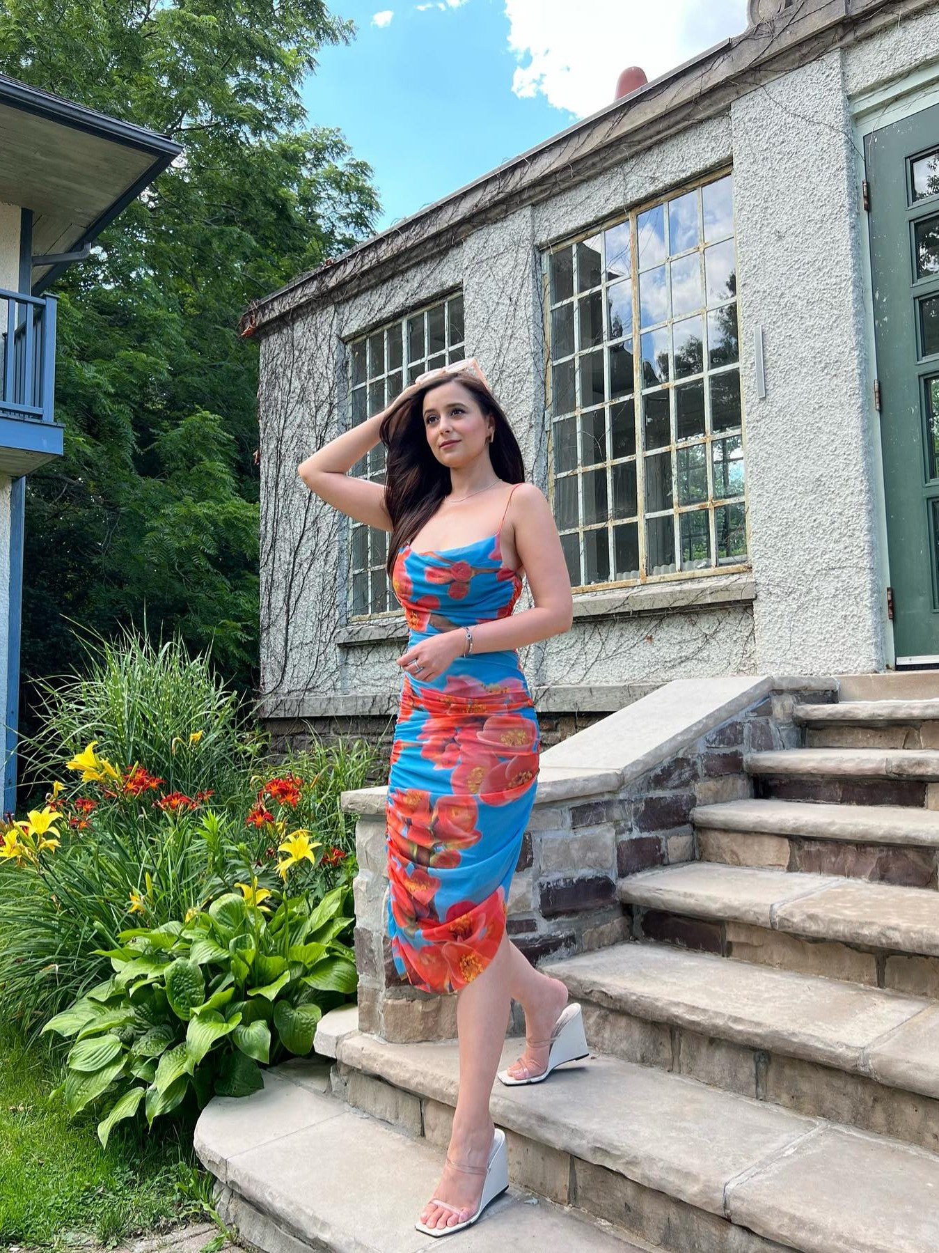 Asymmetric Floral Print Mesh Backless Dress