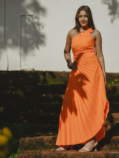 One Shoulder Sun Pleated Satin Dress - Orange