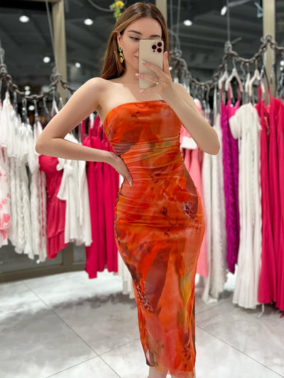 Orange Tie Dye Tulle Tube Dress