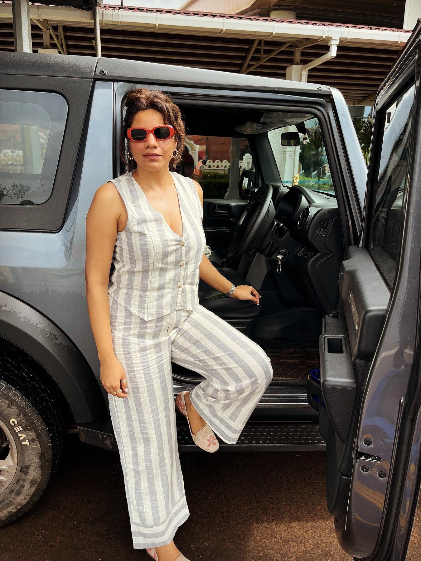 Striped Linen Waist Coat Vest & Pants Coord Set