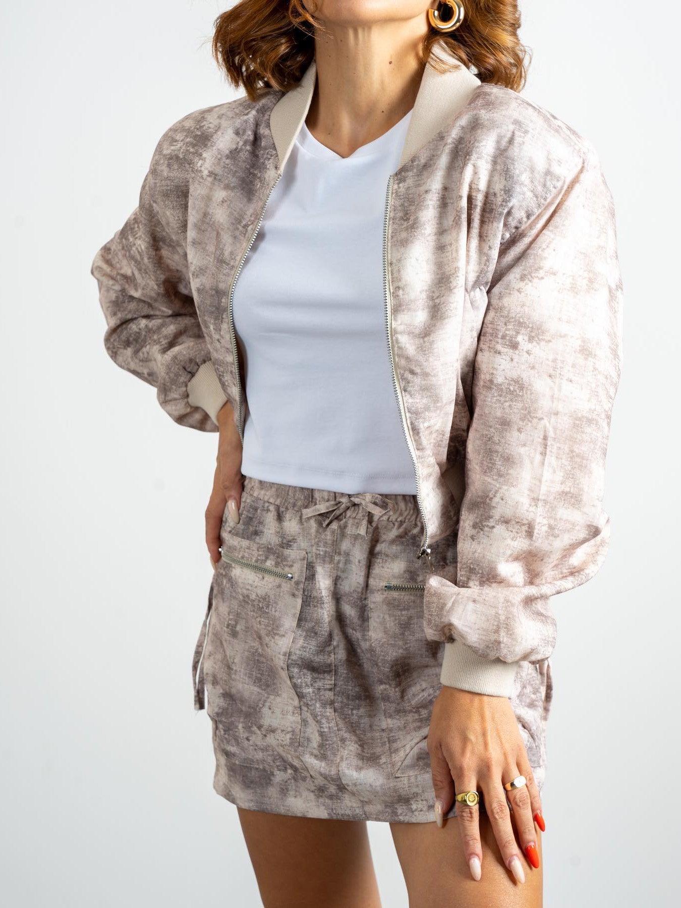 Brown Tie Dye Print Bomber Jacket & Skirt Coord Set