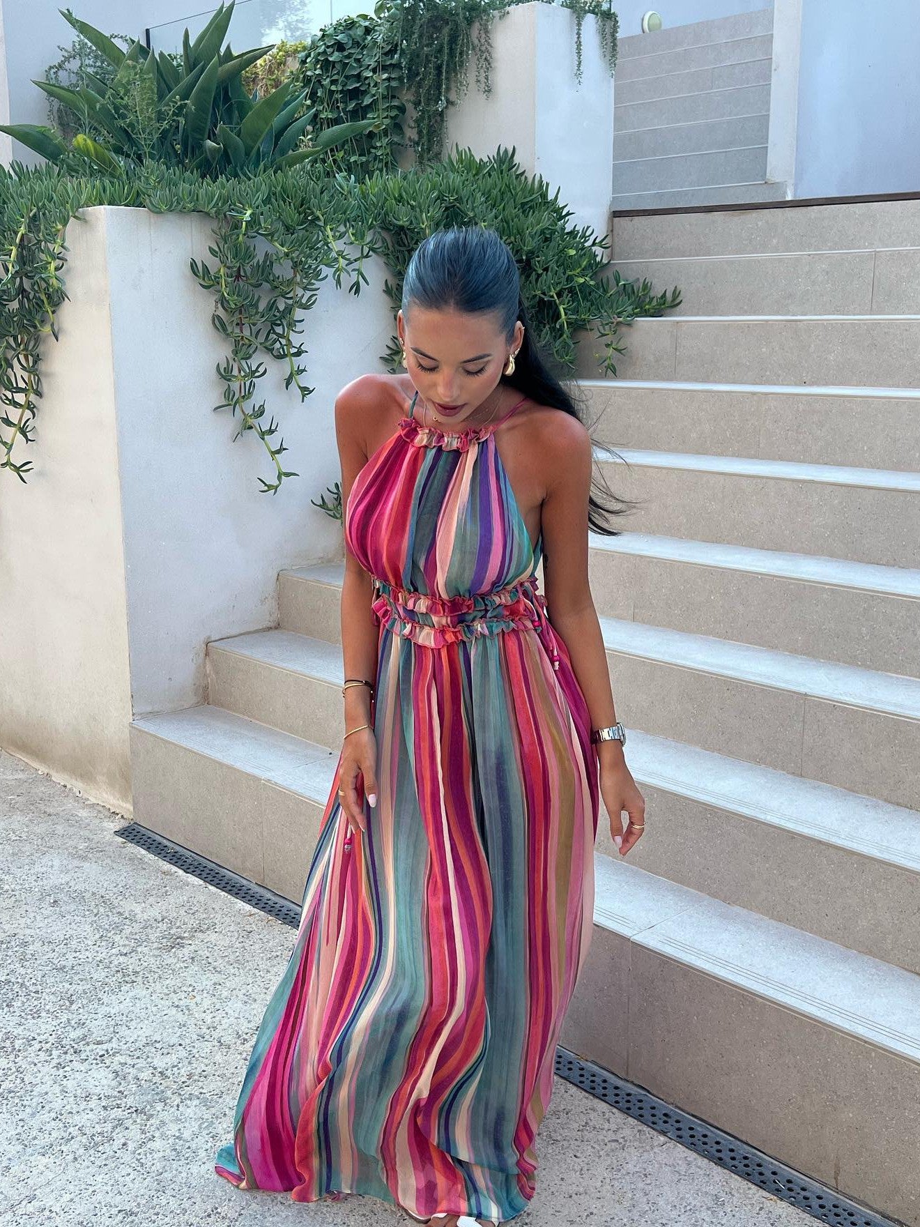 Tie Dye Print Halter Neck Maxi Dress