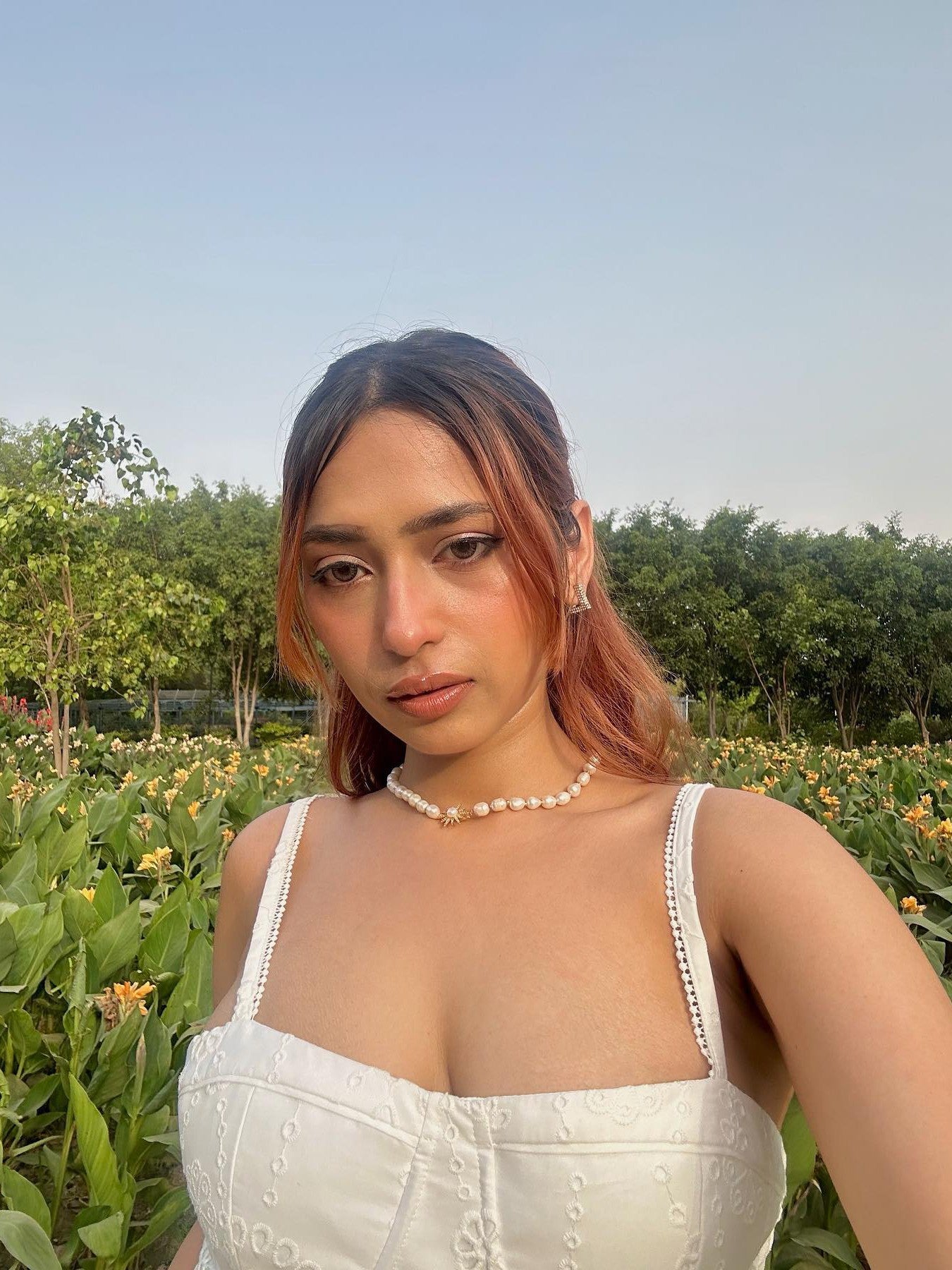 White Crochet High Waist A Line Dress