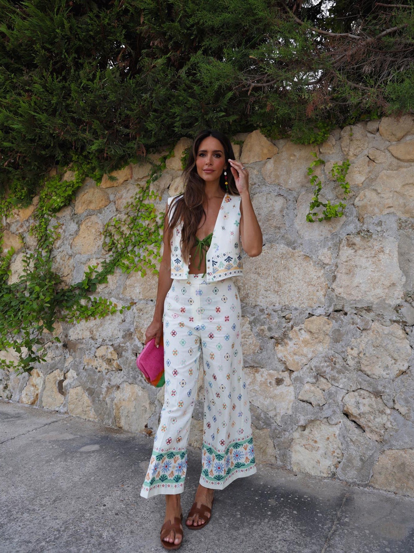 Printed Linen Blend Vest Waist Coat Top & Pants Coord Set