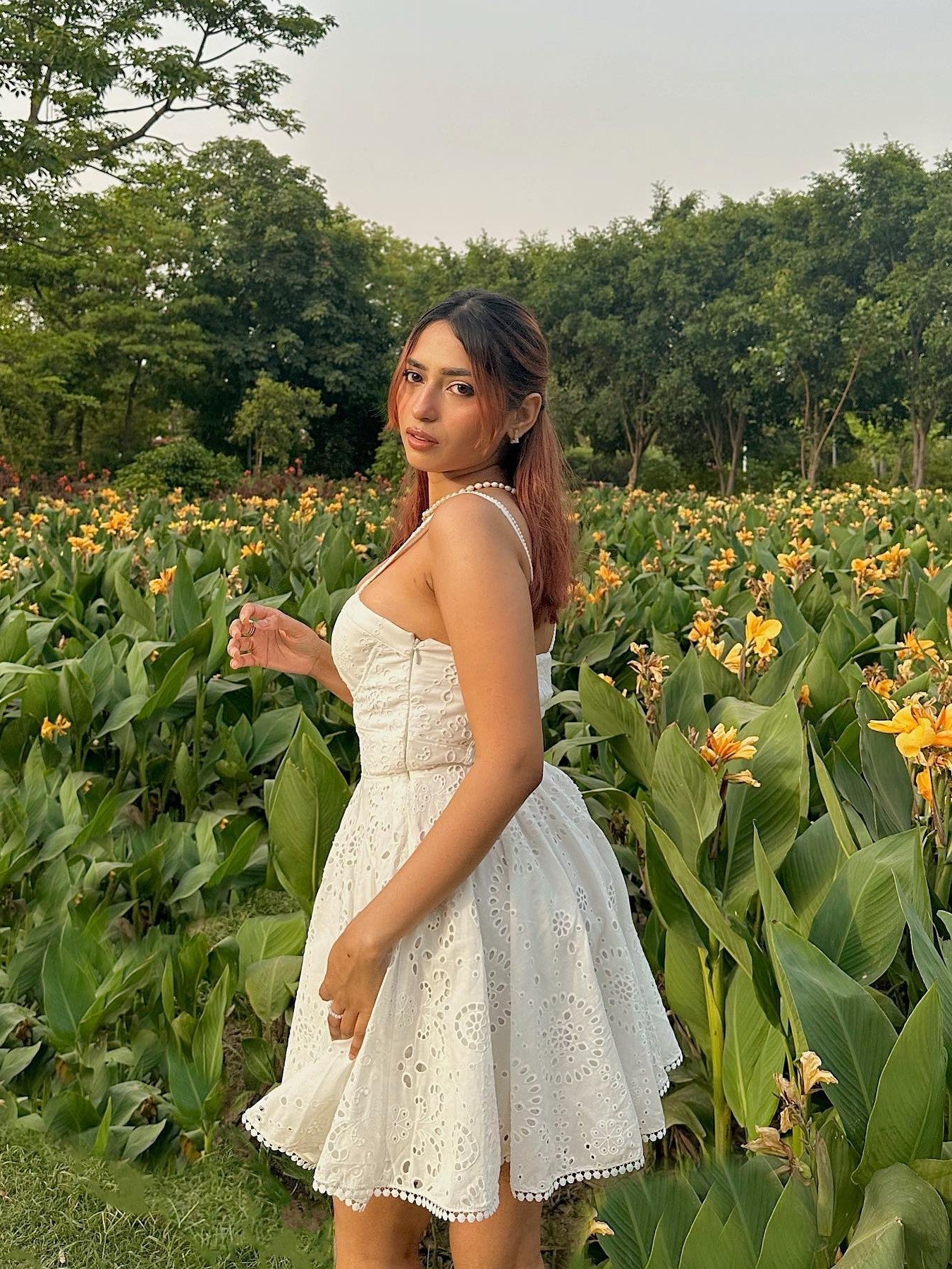 White Crochet High Waist A Line Dress