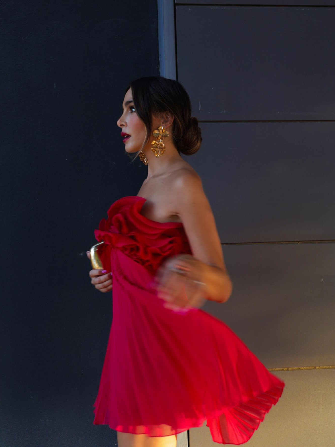 Pleated Short Red Tube Applique Dress