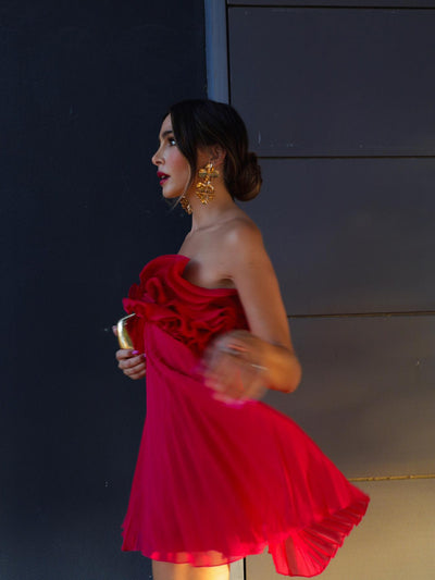 Pleated Short Red Tube Applique Dress