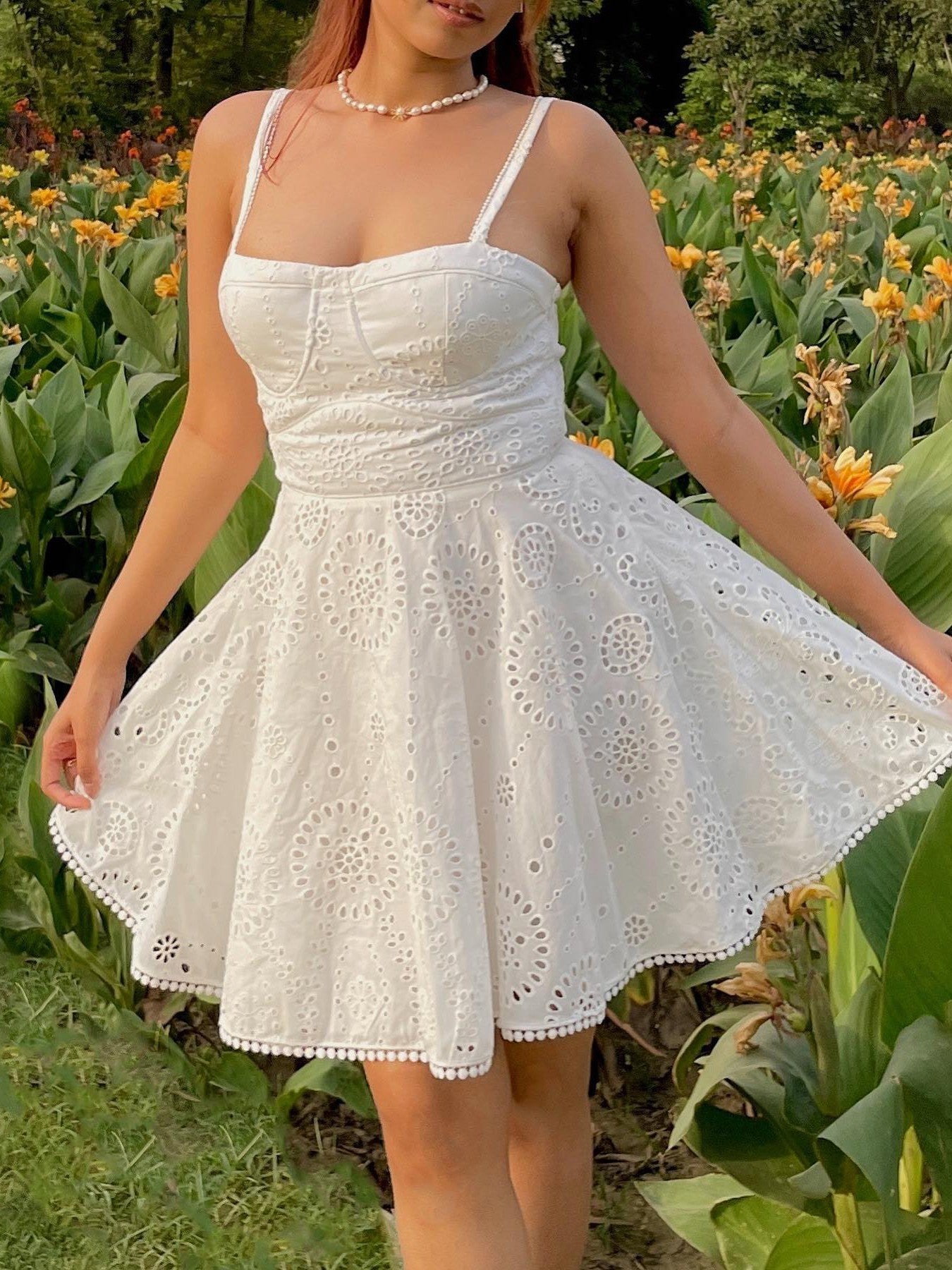 White Crochet High Waist A Line Dress