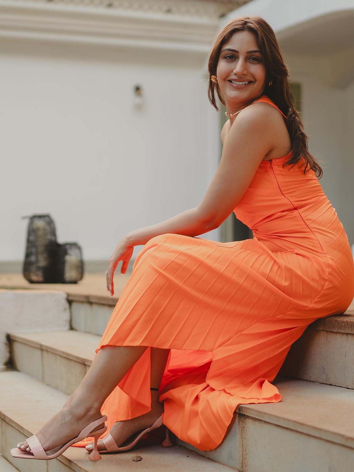 One Shoulder Sun Pleated Satin Dress - Orange