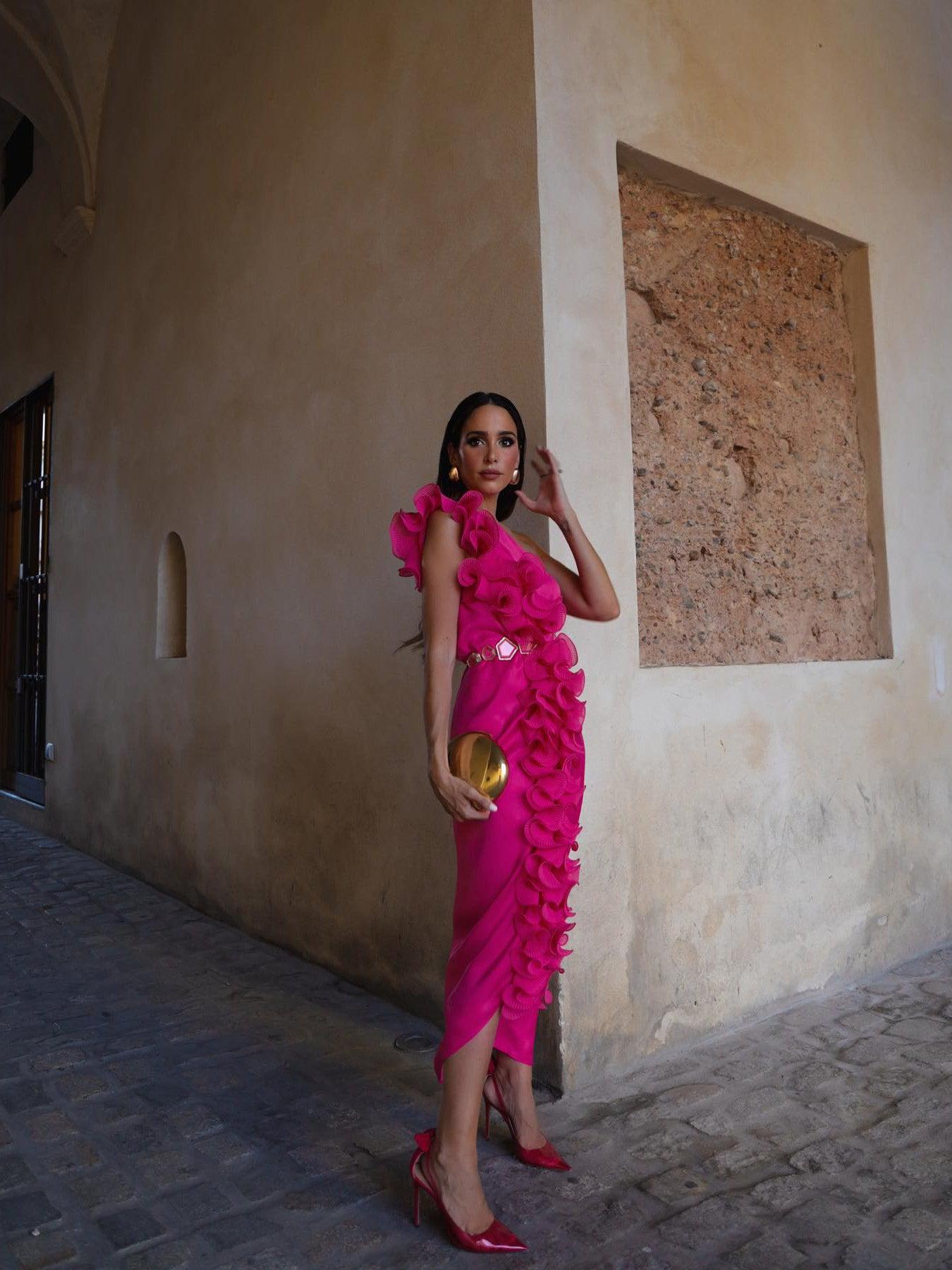 One Shoulder Ruffles Pink Dress