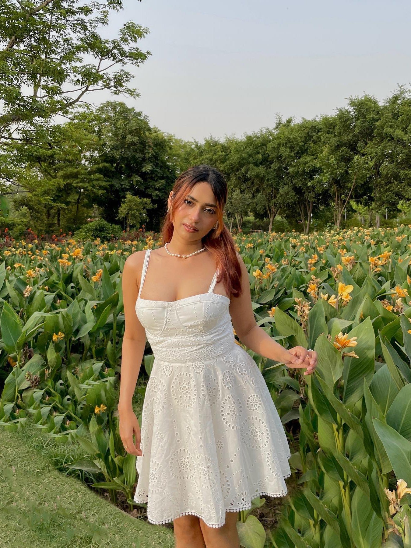 White Crochet High Waist A Line Dress