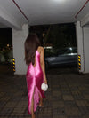 Pink Halterneck Tassel Fringe Back Slit Maxi Dress-Exclusive