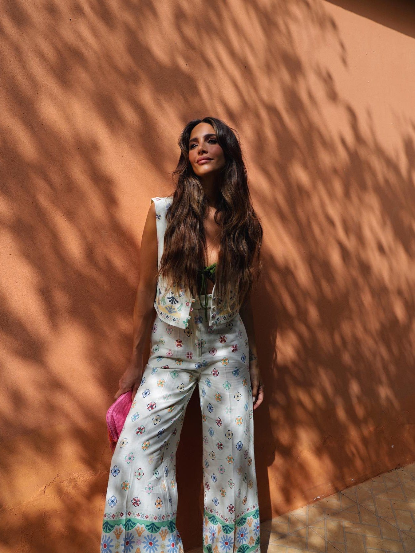 Printed Linen Blend Vest Waist Coat Top & Pants Coord Set