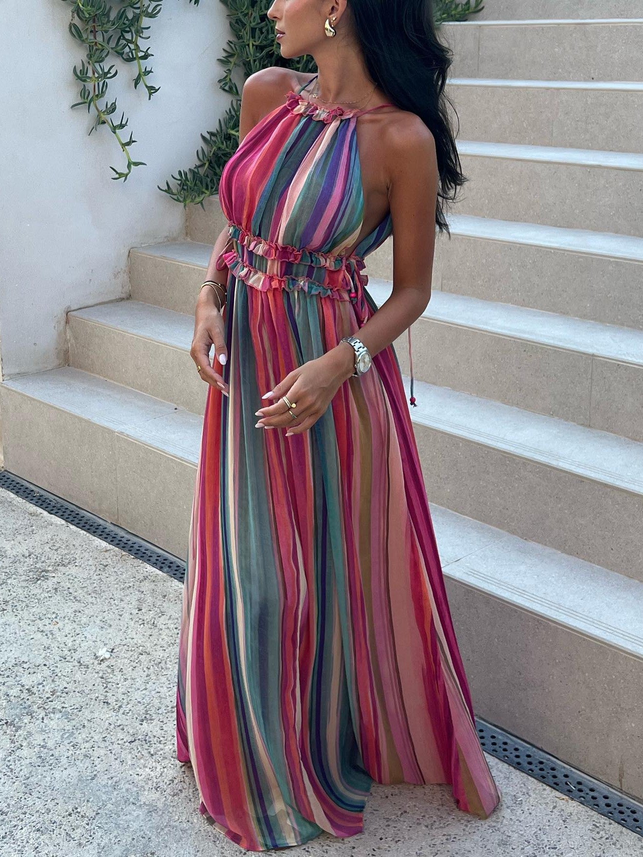 Tie Dye Print Halter Neck Maxi Dress