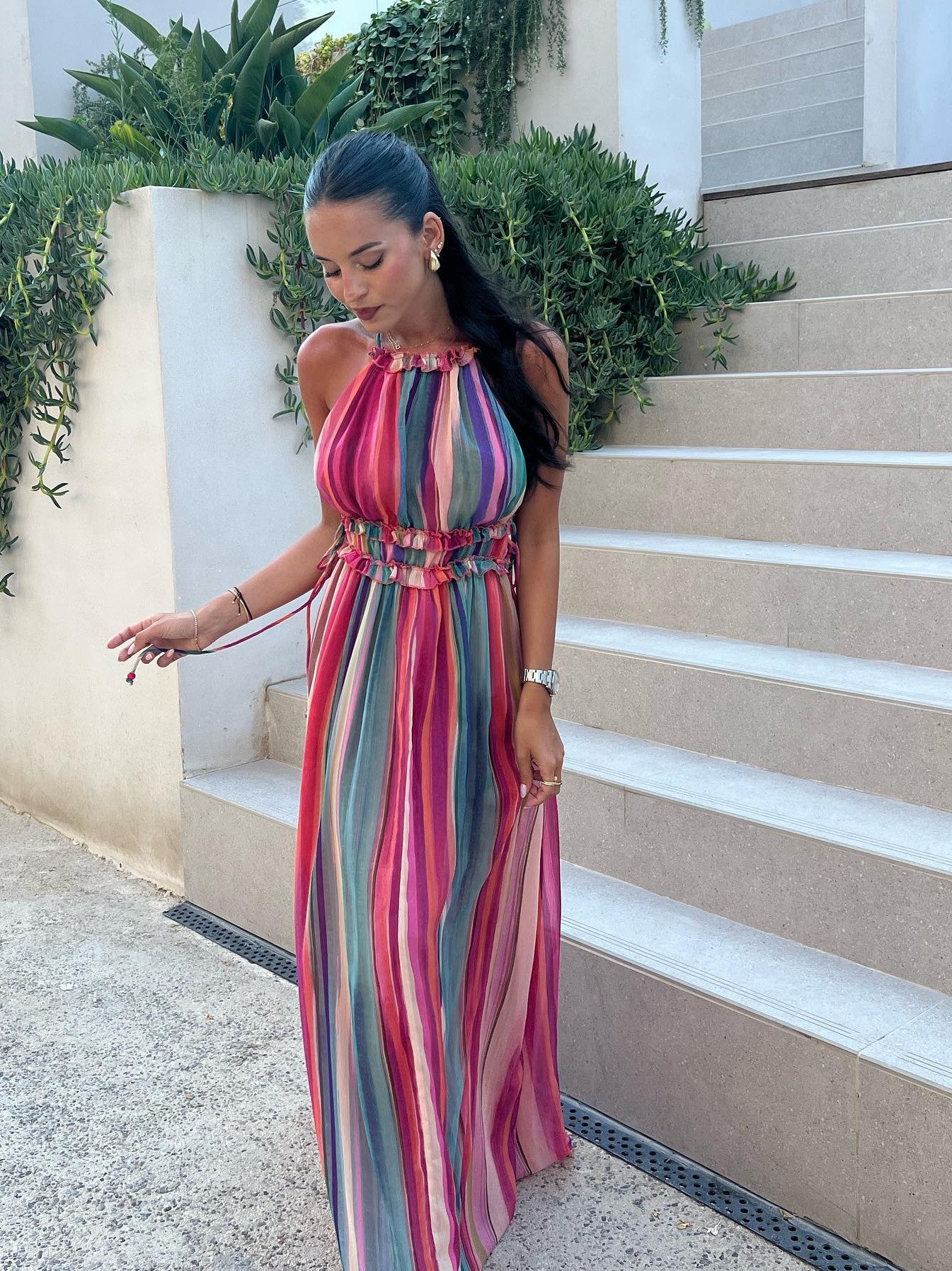 Tie Dye Print Halter Neck Maxi Dress