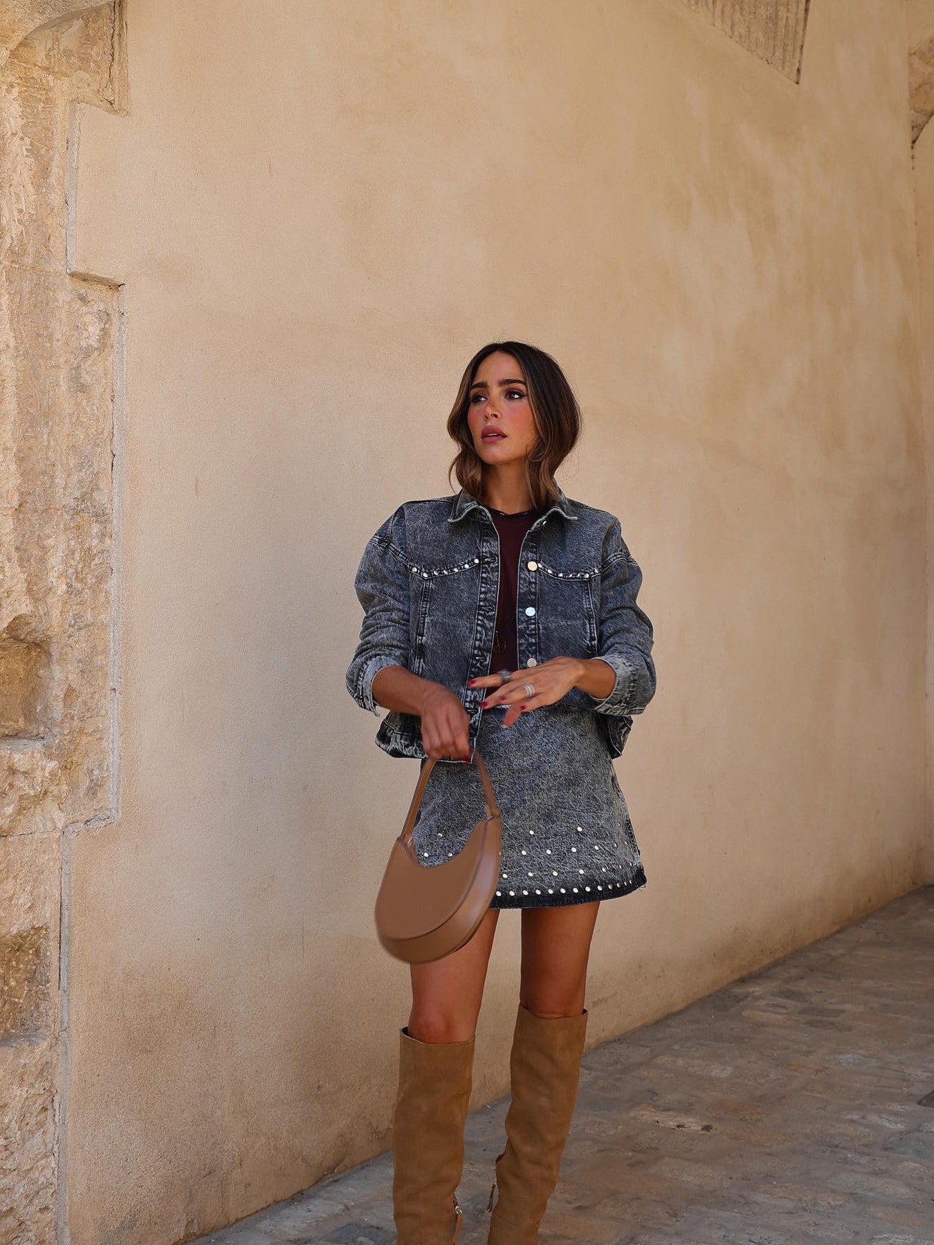 Black Denim Studded Jacket & Skirt Coord Set